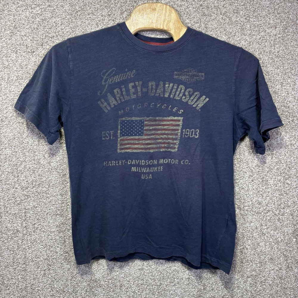Harley-Davidson Shirt Mens Large Blue Flag Milwaukee USA Motorcycle Graphic Tee